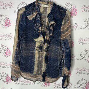 Cream top ruffle frill tassle light weight boho Navy and Beige Ruffle Blouse